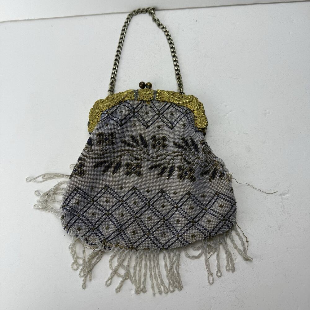 Vintage Art Deco Flapper White Beaded Fringe Bag Purse Silk Lining